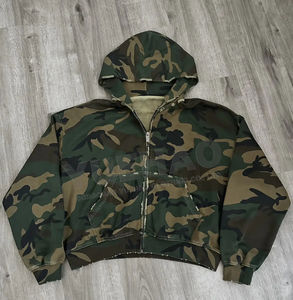 Épaule tombante personnalisée OEM 420 GSM Coton Imprimé sur toute la surface Boxy Fit Camouflage Camo Vintage Distressed Zip up Hommes de haute qualité - Product Image 1