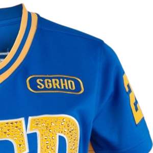 Sigma Gamma Rho SGRho Greek Sorority Royal Blue Gold Football Jersey 100% Polyester Team Logo Front <b>Back</b> Shoulder Embroidery - Product Image 3