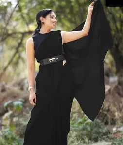 भारतीय पहनने फैंसी कुचलने Georgette रेशम साड़ी और Banglory रेशम ब्लाउज सामग्री स्टाइलिश Sabyaaschi ब्लैक बेल्ट के साथ स्वयं डिजाइन