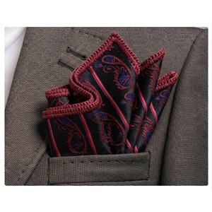 Pañuelo de bolsillo hecho a mano con borde de paisley negro y burdeos, tejido a mano, para blazer o traje, 100% seda - Product Image 1