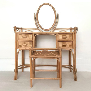 Tocador de maquillaje de ratán de alta calidad con espejo y juego de sillas, mesas de maquillaje naturales de lujo - Product Image 4