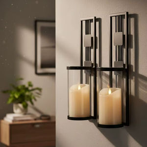 Elite Luxury Matte Black Metal Iron <b>Wall</b> Mounted <b>Candle</b> <b>Sconce</b> Glass Hurricane Pillar Holder High End Home Hotel Wedding Display - Product Image 1