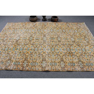 พรมตุรกีโบราณสีเหลืองสีน้ำเงินแบบดั้งเดิมผ้าวูลสี่เหลี่ยมผืนผ้าดีไซน์งานเย็บปะติดทำด้วยมือขนาด5.8x8.7ฟุตโถงทางเดินสำหรับห้อง - Product Image 3