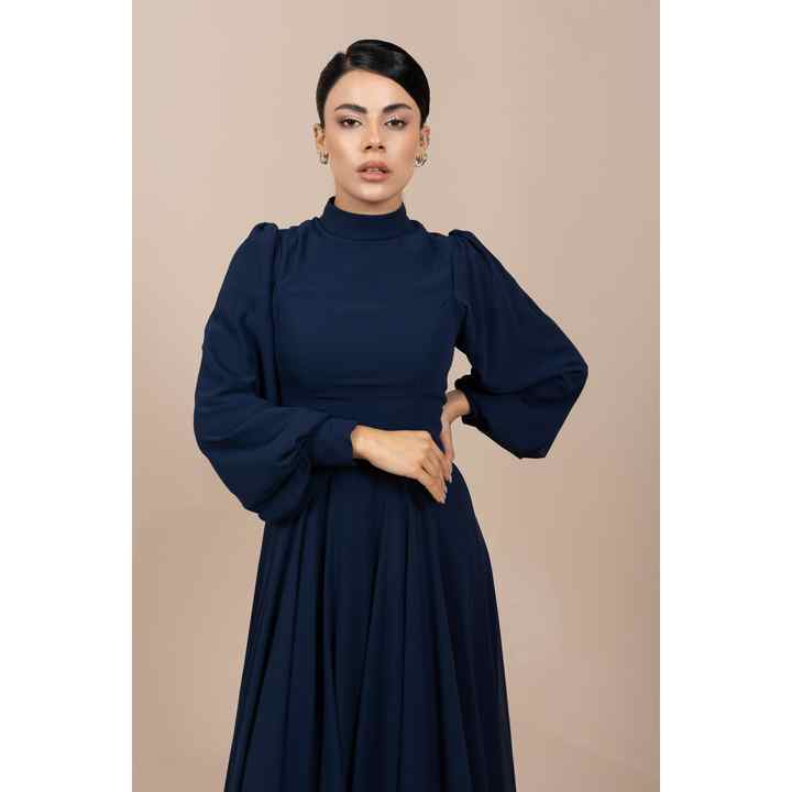 Astrum Chiffon Magnificent Collar Navy Blue Dress