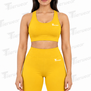 Ensemble de yoga pour femmes, soutien-gorge de sport en tricot extensible sans couture, leggings taille haute, ensemble de yoga jaune assorti en 2 pièces, col rond, longueur intégrale - Product Image 5