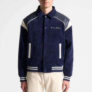 Veste universitaire à capuche bleu marine avec bandes à col montant en cuir végétalien Épaule Logos de broderie personnalisés Séchage rapide Respirant - Product Image 3