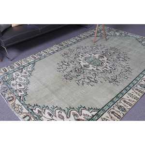 พรมวินเทจตุรกีขนาด 5.9x9.2 ฟุต พรมขนาดใหญ่ พรมขนสัตว์สีเขียว - Product Image 1
