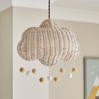 Plafonnier en forme de nuage en rotin naturel, abat-jour en rotin et bambou avec pompons