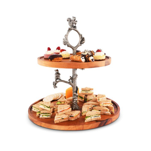 Support à gâteau à 2 niveaux en bois d'acacia de qualité supérieure avec écureuils sur branches Porte-gâteau parfait pour servir des biscuits au dessert à bon prix - Product Image 1