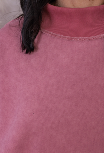 Sweat-shirt à col roulé oversize pour femme, rose uni, épaules tombantes, tricoté en coton, style hiver, longueur normale, brodé - Product Image 5