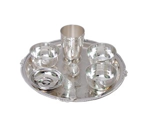 Indian Traditional Brass Dinner Set Handcrafted Thali Plate Bowls & Glass Spoon Beautiful Tableware for Gift Silver - Product Image 1