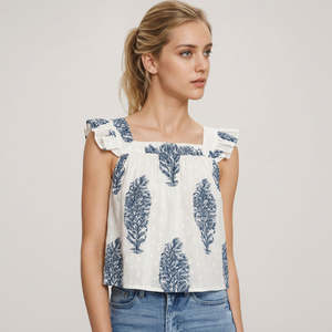 Blusa de Mujer con Estampado Floral, Cuello Cuadrado, de Chifón, Lino y Algodón, Corte Holgado, Casual, Transpirable, con Volantes y Manga Corta, para Primavera, Talla XS - Product Image 5