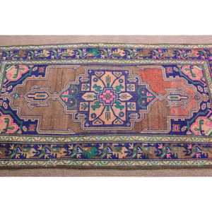 Alfombra Turca Tradicional de Lana de 3.3x6.7 pies con Diseño de Parches a Rayas Azules y Base de Látex - Product Image 4