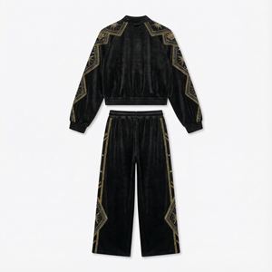 Ensemble de survêtement pour femmes tendance 2026, imprimé de strass, uni, écologique, respirant, veste courte en velours noir, pantalon large - Product Image 2