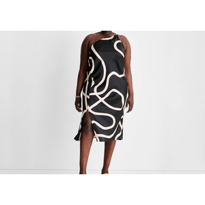 Future Collective Alani Noelle Abito Midi Monospalla con Spacco da Donna XXL, in Raso Astratto Nero/Bianco, Vestibilità Plus Size - Product Image 2