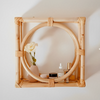 Rak Dinding Rotan Persegi Art Deco Buatan Tangan dengan Aksen Bulat untuk Penyimpanan Dekoratif Kamar Mandi, Vas Dinding, Pot Bunga, dan Peralatan