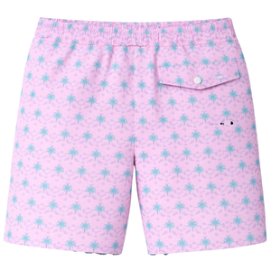 <b>Men</b> Recycled Swim <b>Shorts</b> <b>Pink</b> and Green Palm Print Quick Dry Beach Swim Trunks with Elastic Waist Drawstring and Pockets - Product Image 2