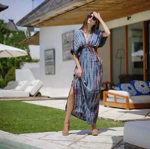 100% rayonne tissu cravate teinture femmes bohème plage porter coupe ample cheville longueur Maxi robes avec manches tissé méthode de tissage - Product Image 2