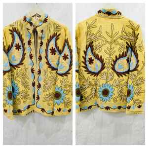 Sujani Khadi Cotton <b>Jacket</b> Double-Breasted Satin Outerwear Fringed <b>Sequins</b> Patchwork Decorations Custom Linen for Spring Fall - Product Image 1