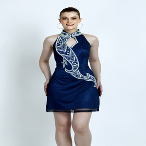 Fait à la main Chic bleu soirée robe de Cocktail élégant licou cou paillettes embellissement perlé broderie confortable à la mode fête - Product Image 4