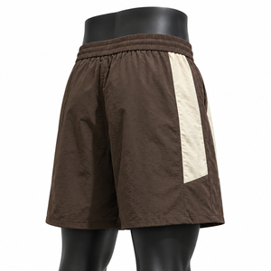 Pantalones cortos de nailon marrón para hombre, cintura elástica con cordón, pantalones cortos informales de verano para gimnasio con rayas laterales en contraste, pantalones cortos ligeros - Product Image 5