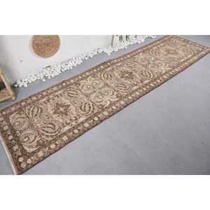 Classic Beige <b>Brown</b> Vintage Turkish <b>Wool</b> Rug 2.7 X 10.7 ft Flat Weave Patchwork Pattern for Living Room Hallway Latex Backed - Product Image 2