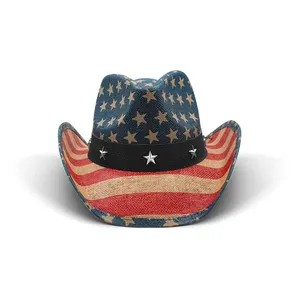 قبعة كاوبوي صيفية أنيقة من القش عالية الجودة رسم عليها علم الولايات المتحدة الأمريكية