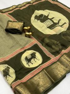 ส่าหรีผ้าฝ้ายเนื้อนุ่มสวยงามมีดีไซน์คาลม์คาริทั้งหมดพร้อมขอบเจคโครด - Product Image 6