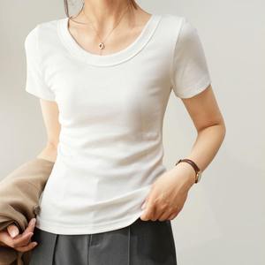 Camiseta de manga corta acanalada de algodón de verano para mujer, camiseta informal de moda sólida con hombros regulares, punto teñido liso - Product Image 1