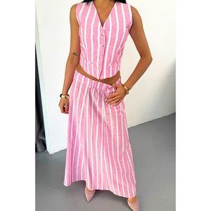 Conjunto de Vestido Casual con Chaleco a Rayas de Lino Rosa y Falda Larga - Product Image 3