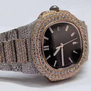 Montre analogique pour homme en acier inoxydable, style antique, à quartz, résistante à l'eau, sertie de diamants en moissanite VVS, noire, personnalisable - Product Image 5