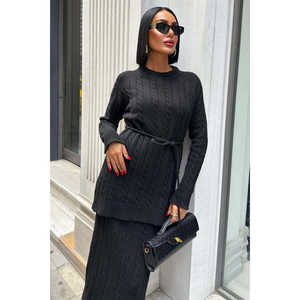 Conjunto de punto con cinturón y patrón de trenza de tela de lana 10218 - Product Image 3