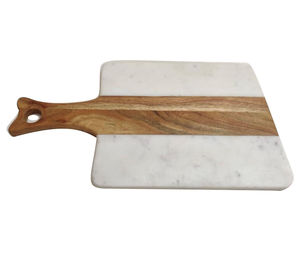 Planche à découper rectangulaire en bois et marbre avec poignée en bois, surface polie, plateau à fromage - Product Image 4