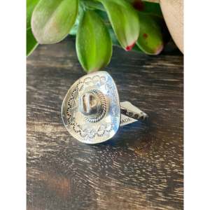 Ben Livingston <b>Adjustable</b> Sterling Silver Cowboy Hat <b>Ring</b> Trendy Geometric Alloy Inlay with Oval Cut Diamond Size 6.25-6.75 Gift - Product Image 4