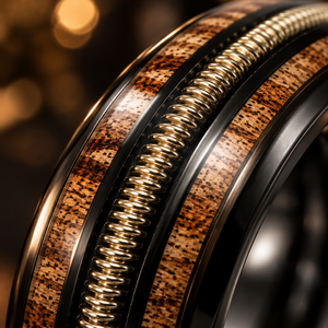 JLM Premium Schwarzer Stahlring mit Whiskey-Holz & Gold Gitarrensaiten-Einlage Rustikaler Ring Herren Ehering Jubiläums-Schmuckgeschenk - Product Image 2