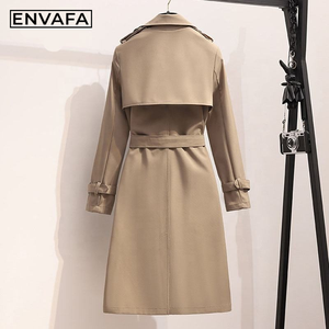 ENVAFA Women's <b>Long</b> Woven Trench <b>Coat</b> Double Breasted Windproof Casual Outerwear Full Sleeve Solid Color <b>Summer</b> Wear - Product Image 3