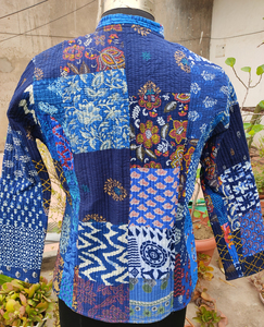 Veste matelassée bleue en Patchwork pour femmes, veste noire réversible en coton pour femmes toutes tailles S/M/L/XL/2XL/3XL - Product Image 4