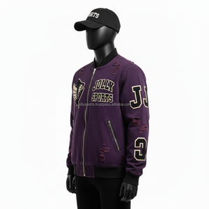 Haute qualité 320 GSM coton mélangé hommes Bomber veste violet avec des patchs brodés Logo personnalisé Option Bomber veste pour homme - Product Image 3