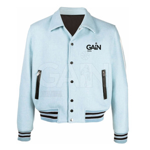 แจ็กเก็ตเลตเตอร์แมนสำหรับผู้ชาย OEM ผ้าขนสัตว์และผ้าฝ้ายมีกระดุมสแน็ปปิดด้านหน้า - Product Image 1