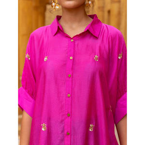 Zarina Oversized Asymmetrical <b>Long</b> <b>Shirt</b>-Solid Modal Silk Button Down for <b>Women</b> - Product Image 5