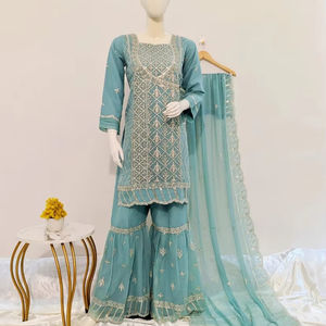 ชุดอินเดียปากีสถานชุดผ้าชิฟฟ่อนปักลายลูกไม้หนาขอบหนา50นิ้ว - Product Image 1