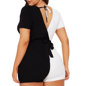 Combinaison taille haute à blocs de couleur grande taille, élégante, avec panneau contrasté, manches courtes, ceinture, chic, décontractée, tenue de rue pour femmes - Product Image 2