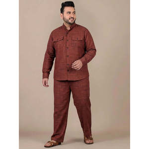 Amanush <b>Men's</b> Brown Cotton Plus Size Co-Ord Set Textured Plaid Mandarin Collar Full Sleeve Shirt With Pant Casual Wear Outfit - Product Image 5