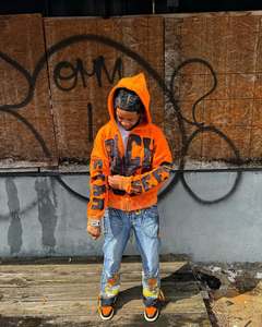 Venta al por mayor de chándales de los hombres acampanados largos Jogger pantalones de chándal y sudaderas con capucha Streetwear bordado personalizado apliques parche lavado conjunto con capucha - Product Image 4