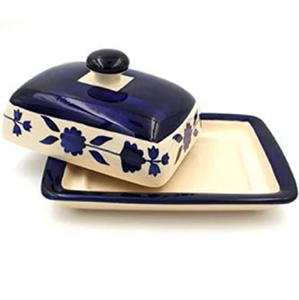 Mantequillera de Metal y Madera con Diseño Floral Blanco y Azul, Ecológica, Resistente al Óxido y a las Grietas, Tapa, Apta para Camping, Precios al por Mayor Disponibles - Product Image 1