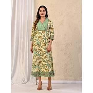 Vestido Largo Estampado de Algodón Crema Pista - Estilo Casual, Transpirable, Talla Única para Oficina, Trabajo, Fiestas de Cumpleaños, Suministro ODM - Product Image 3