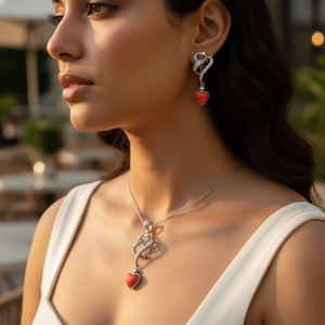 Conjunto de Collar y Aretes con Colgante de Corazón Plateado con Gema de Coral, Circonita y Perla para Bodas, Fiestas o Regalos, Joyería Fina para Novias - Product Image 1