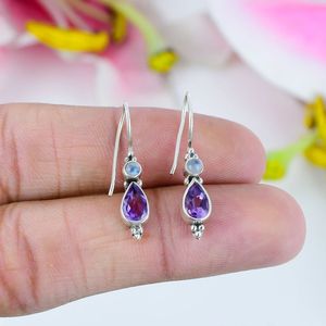 Pendientes de gota clásicos de Plata de Ley 925, piedra preciosa cortada con amatista para compromiso o aniversario, Unisex 6gm - Product Image 3