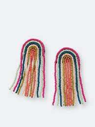 Pendientes colgantes Cuentas de vidrio chapadas en oro con flecos de arcoíris Forma de borla de moda para fiestas o regalos - Product Image 3