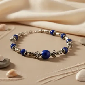 Collier Bohème Perlé Art Palace Lapis Lazuli avec Perles en Argent 925 Style Unisexe Fabriqué au Rajasthan pour Usage Quotidien et Mariage - Product Image 1